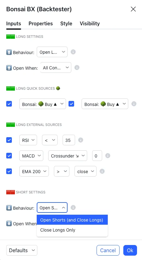 Bonsai BX parameters on TradingView